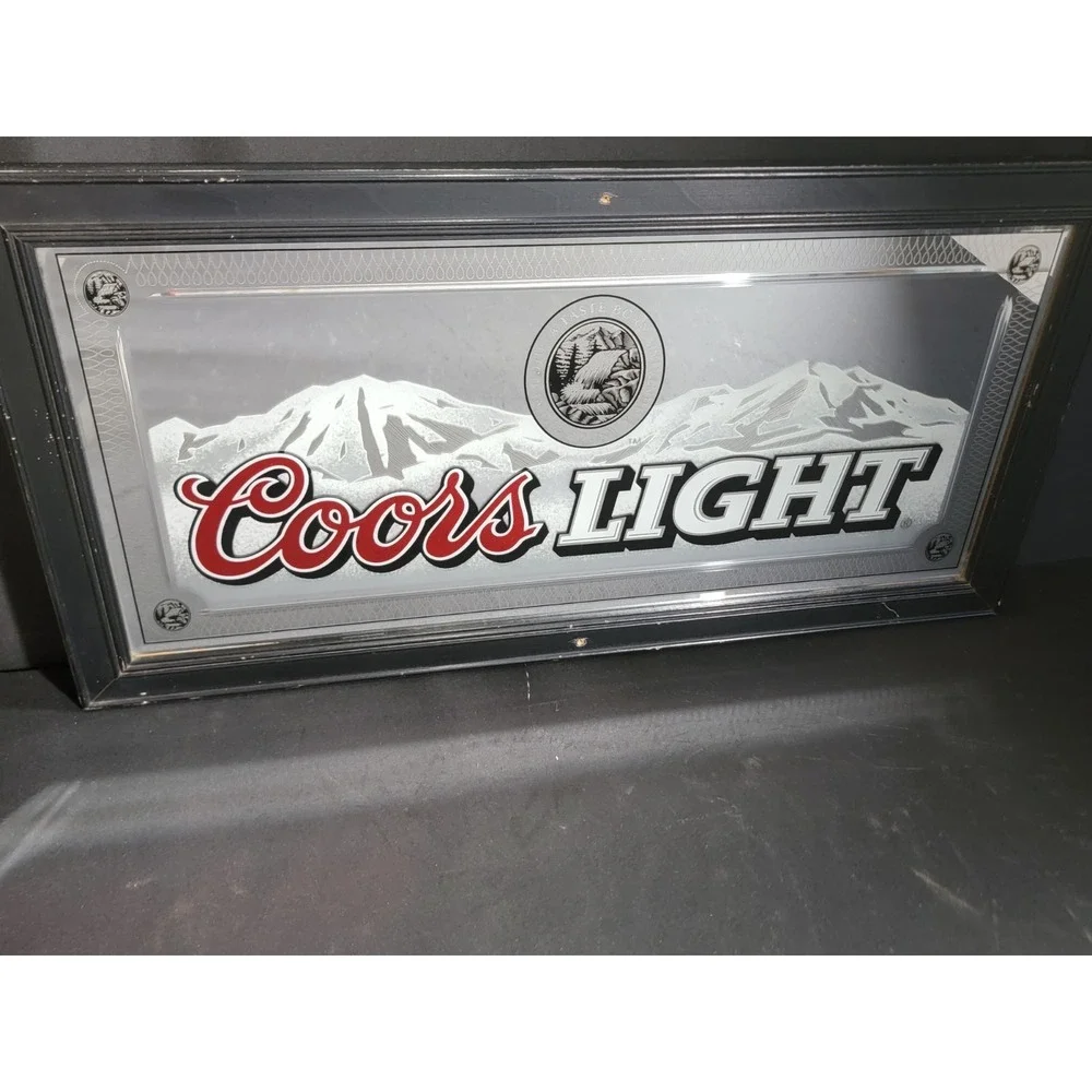 Vintage 2000 Coors Light Mirror Bar Sign Man Cave Etched Glass Black Frame